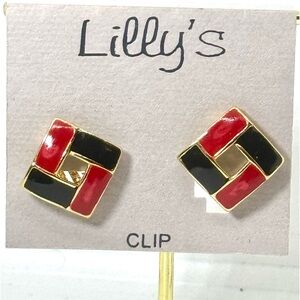 Vintage Lilly’s Red Black & Gold  Square Geometric Enamel Clip-on Earrings